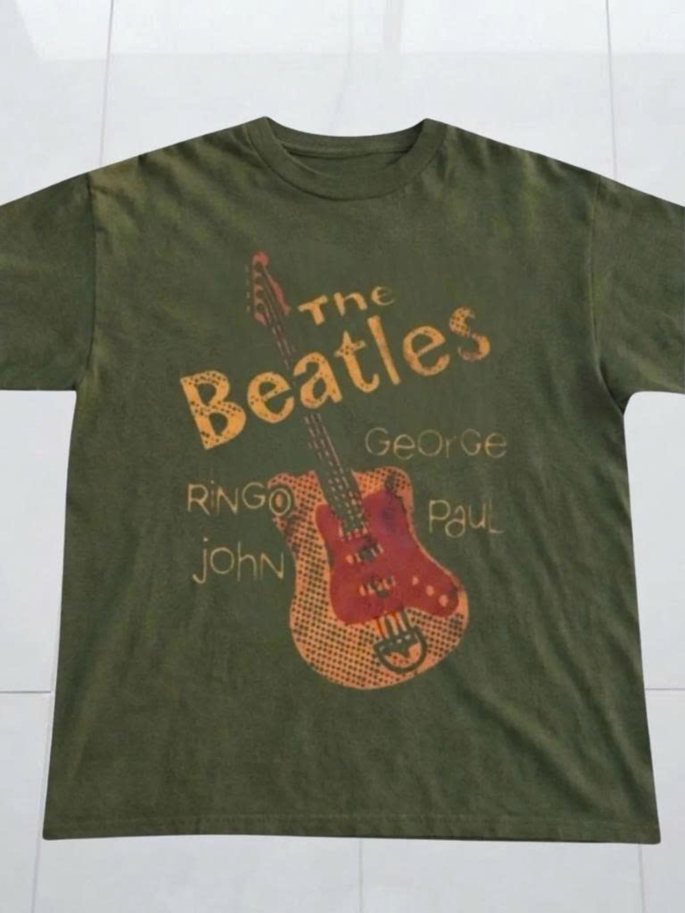 Vintage Olive Green The Beatles Graphic Tee with Red Guitar